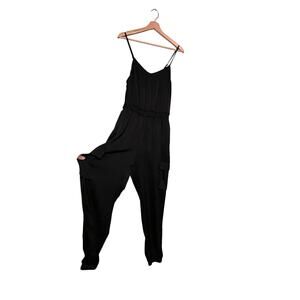 Elegant Pink Rose Black Satin Jumpsuit - Size XL